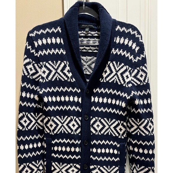 Banana Republic sz S Fair Isle Sweater Navy White Cardigan Shawl Collar Pockets - Picture 3 of 9